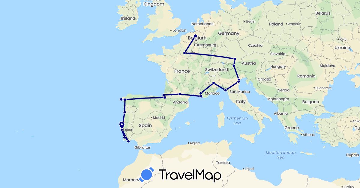 TravelMap itinerary: driving in Austria, Belgium, Germany, Spain, France, Italy, Portugal (Europe)
