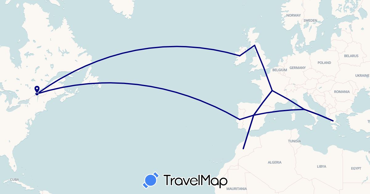 TravelMap itinerary: driving in Canada, Spain, France, United Kingdom, Greece, Ireland, Italy, Morocco, Portugal (Africa, Europe, North America)